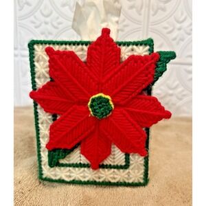 Vintage Christmas Needlepoint Tissue Box Hand Crafted Green Trim Red Poinsettia
